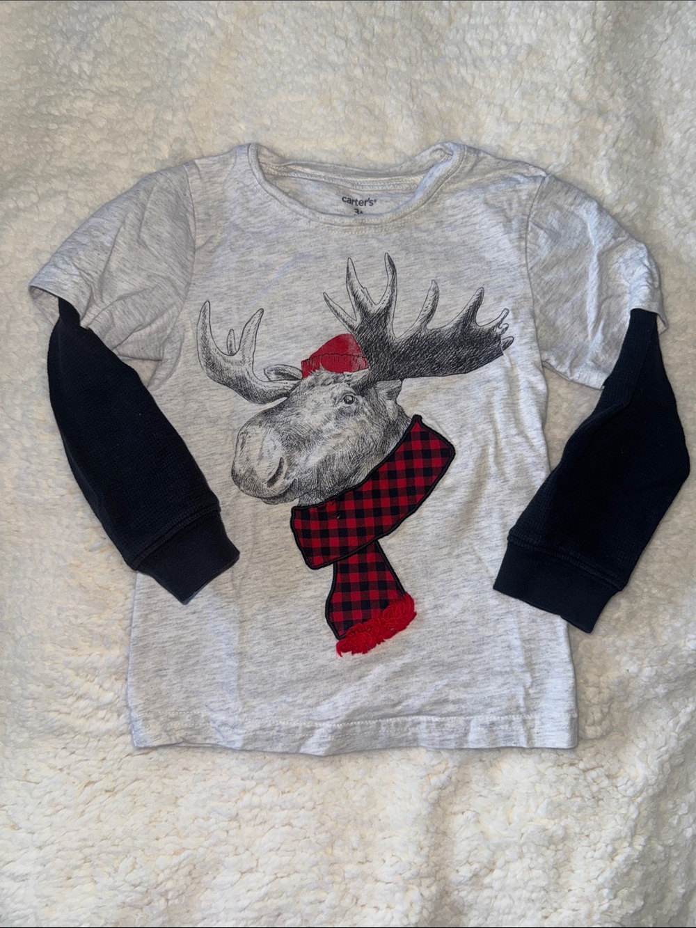 Carter's Gray Top with Navy Sleeves and Red Plaid Moose Graphic